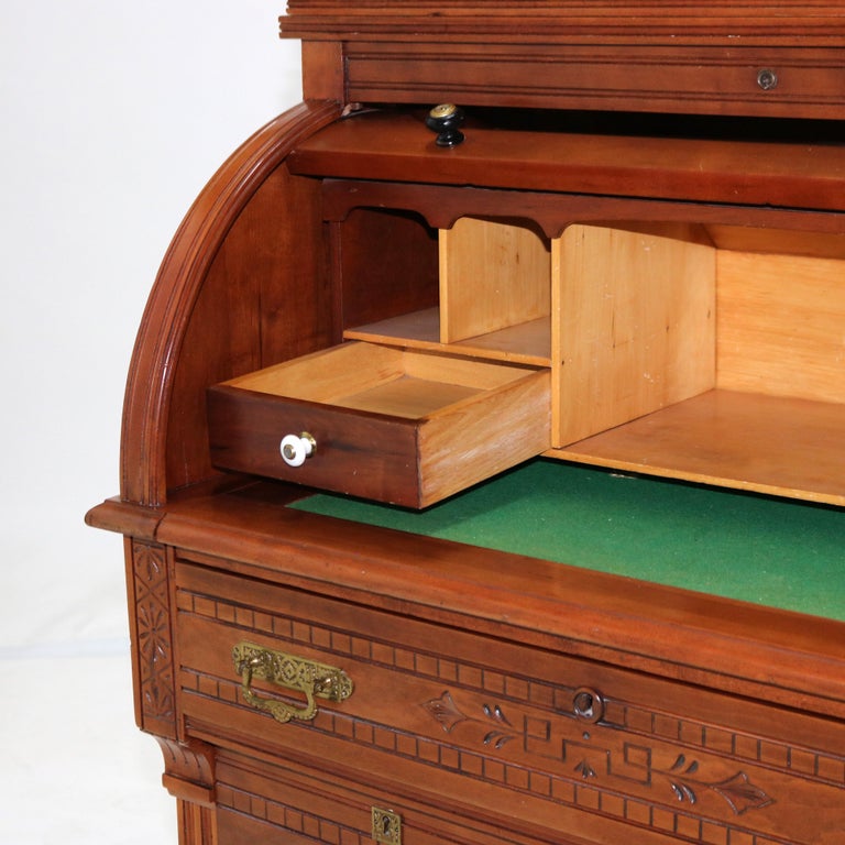 Antique Victorian Eastlake Cherry & Burl Barrel Roll Top Secretary Desk C1890