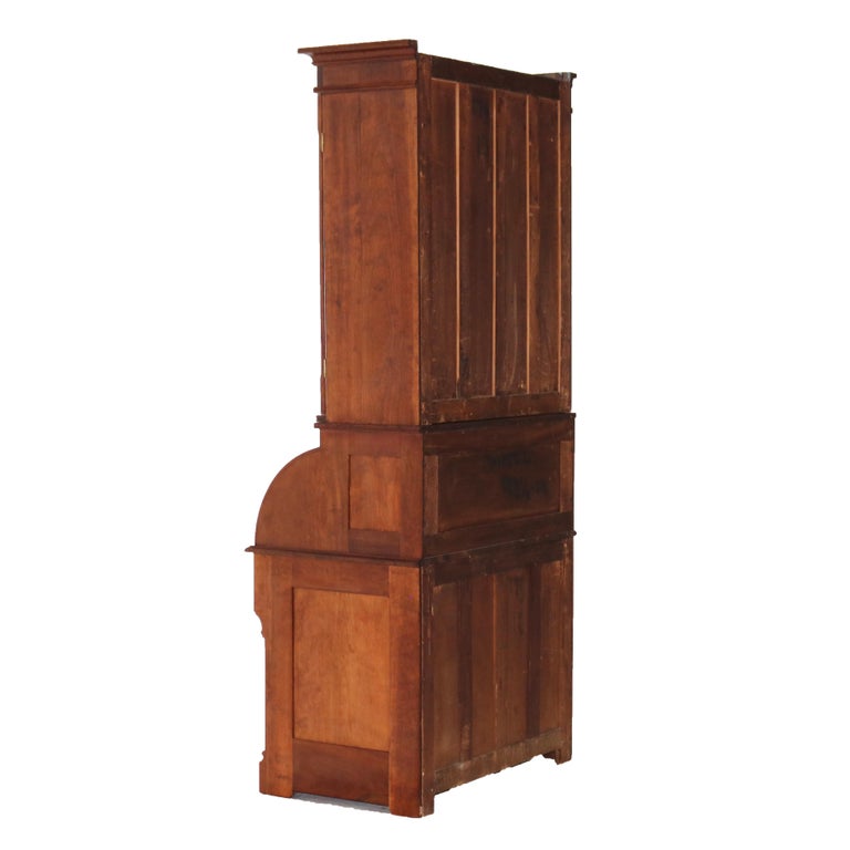 Antique Victorian Eastlake Cherry & Burl Barrel Roll Top Secretary Desk C1890