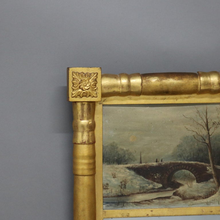 Antique American Empire Giltwood Wall Mirror & Oil on Board Landscape Painting