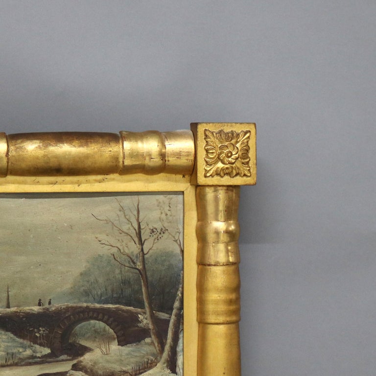 Antique American Empire Giltwood Wall Mirror & Oil on Board Landscape Painting