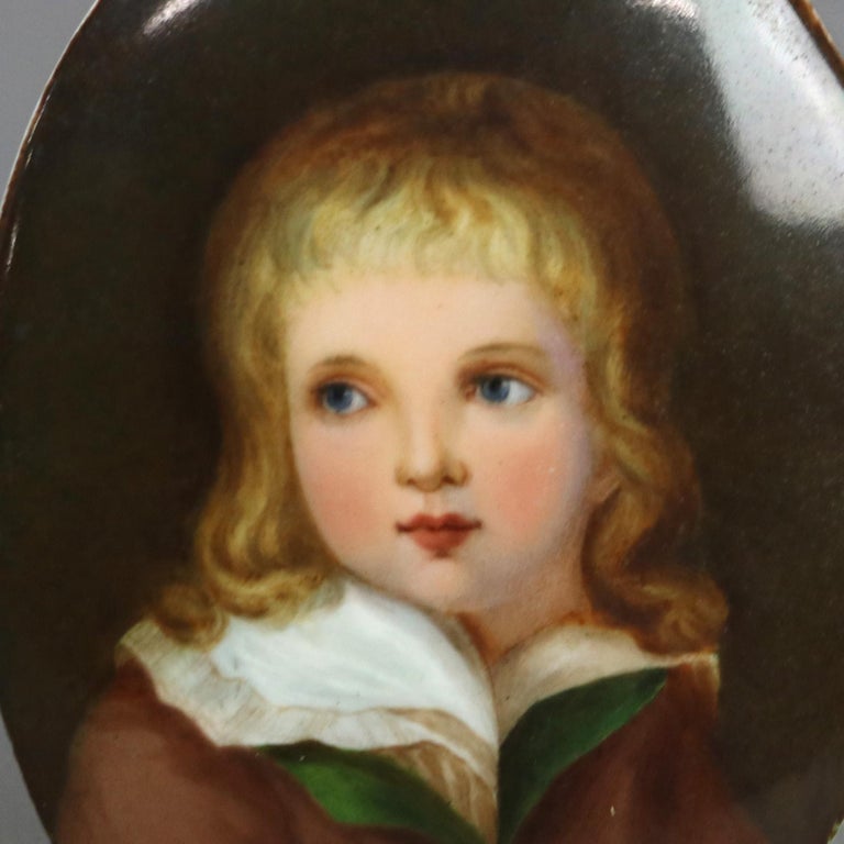 Antique Portrait Painting on Porcelain Plaque of a Child C1890