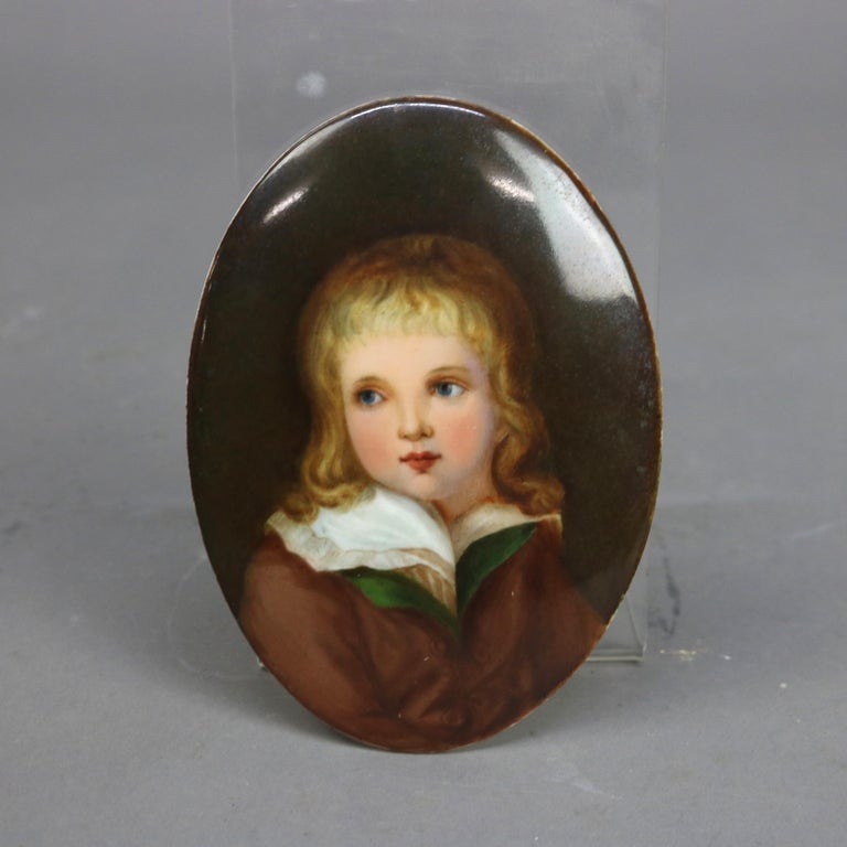 Antique Portrait Painting on Porcelain Plaque of a Child C1890