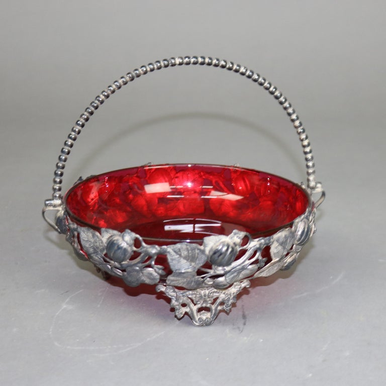 Antique Silver Plated Foliate Form Compote Basket & Cranberry Glass Insert C1890