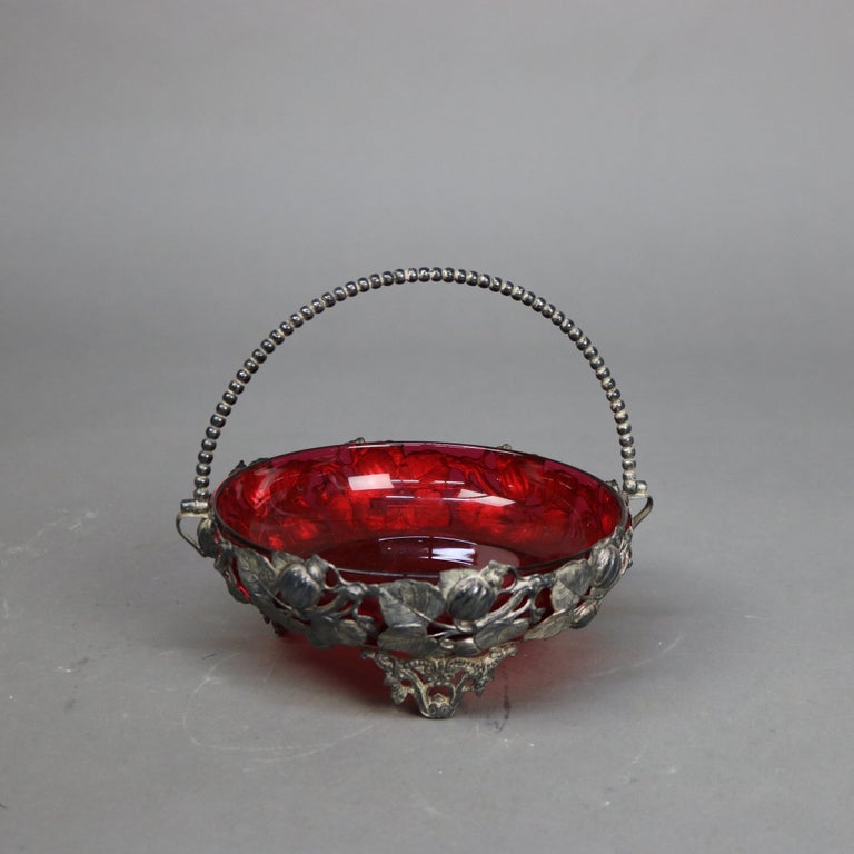 Antique Silver Plated Foliate Form Compote Basket & Cranberry Glass Insert C1890