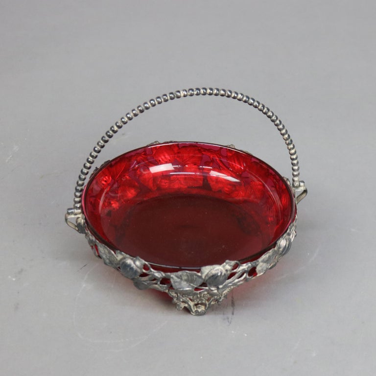 Antique Silver Plated Foliate Form Compote Basket & Cranberry Glass Insert C1890