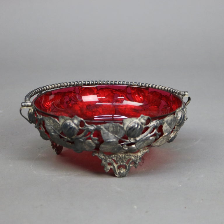 Antique Silver Plated Foliate Form Compote Basket & Cranberry Glass Insert C1890