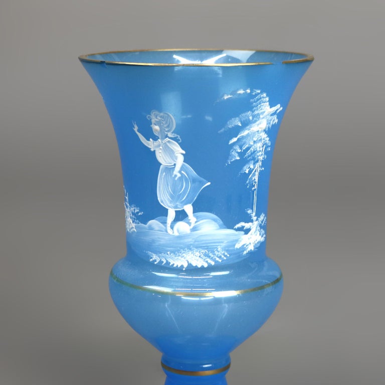 Pair of Antique Mary Gregory Victorian Hand Painted Blue Glass Vases