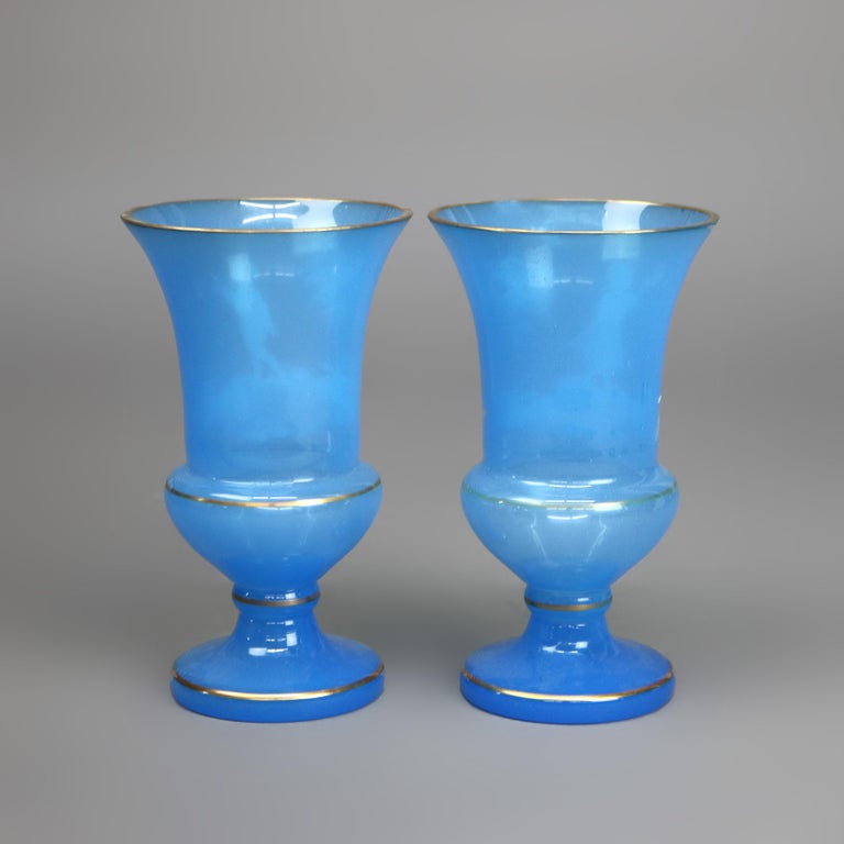 Pair of Antique Mary Gregory Victorian Hand Painted Blue Glass Vases