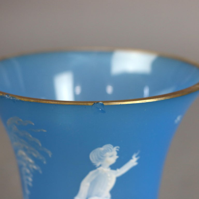 Pair of Antique Mary Gregory Victorian Hand Painted Blue Glass Vases