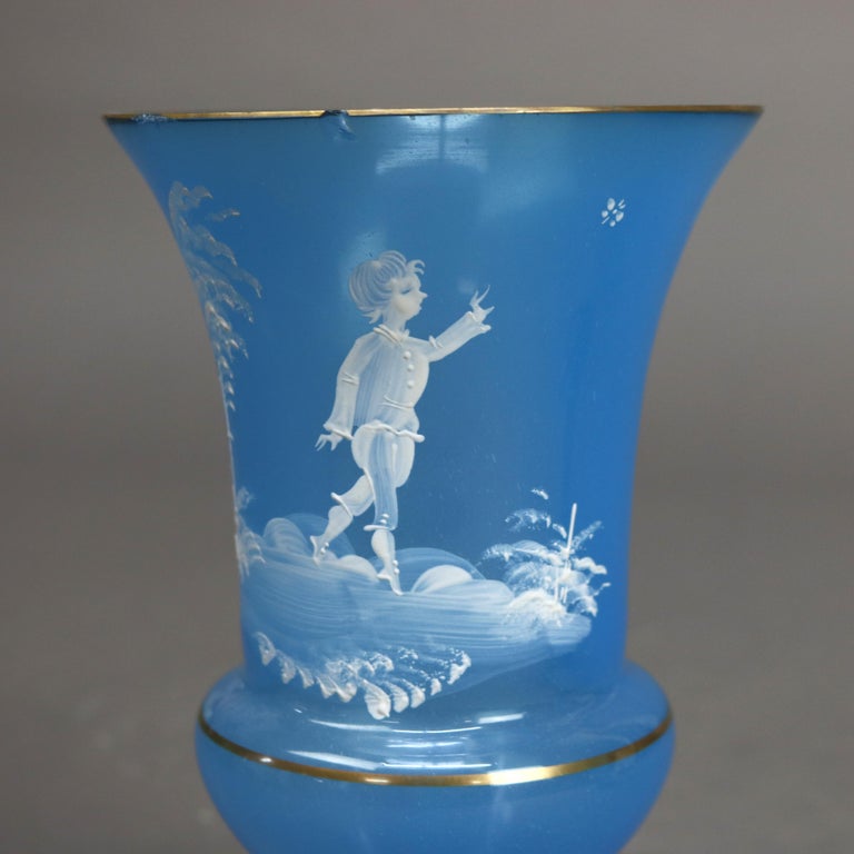 Pair of Antique Mary Gregory Victorian Hand Painted Blue Glass Vases