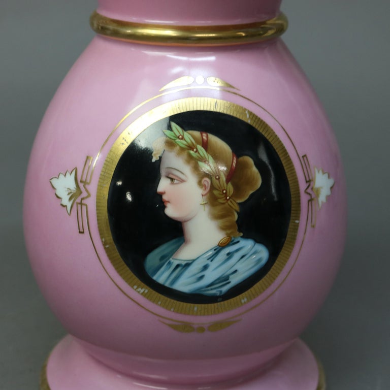 Antique Oversized Old Paris Porcelain Portrait Vase with Classical Woman C1850