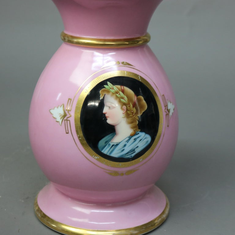 Antique Oversized Old Paris Porcelain Portrait Vase with Classical Woman C1850
