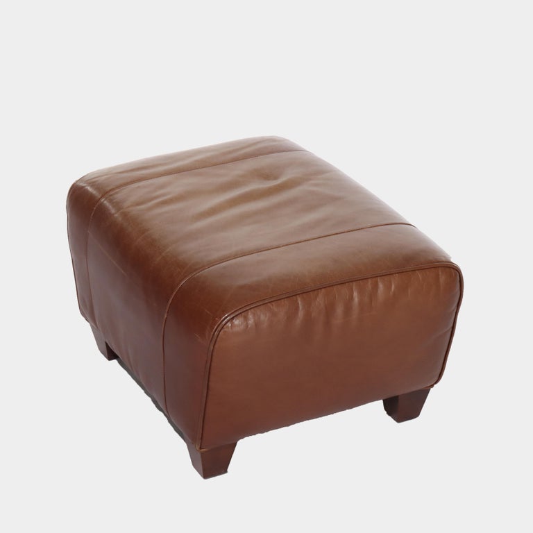 Two Piece Vintage Leather Club Armchair & Ottoman Set by Pottery Barn 20thC