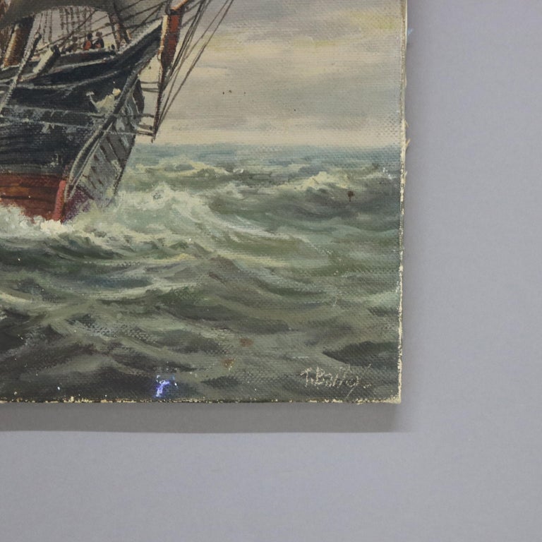 Antique Oil On Canvas Seascape Painting of a Tall Masted Ship by T. Bailey C1900