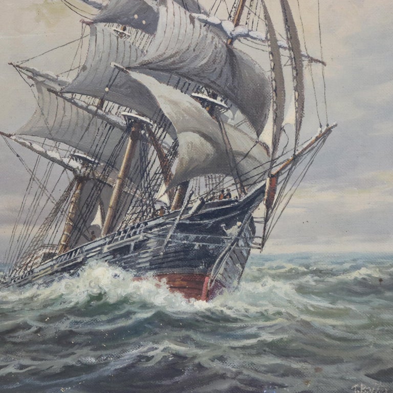 Antique Oil On Canvas Seascape Painting of a Tall Masted Ship by T. Bailey C1900