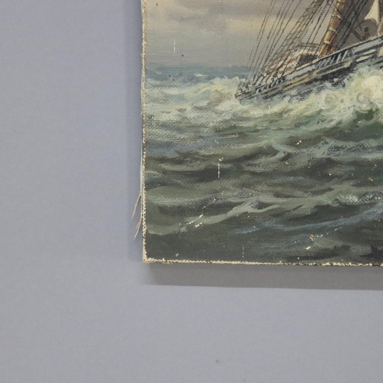Antique Oil On Canvas Seascape Painting of a Tall Masted Ship by T. Bailey C1900