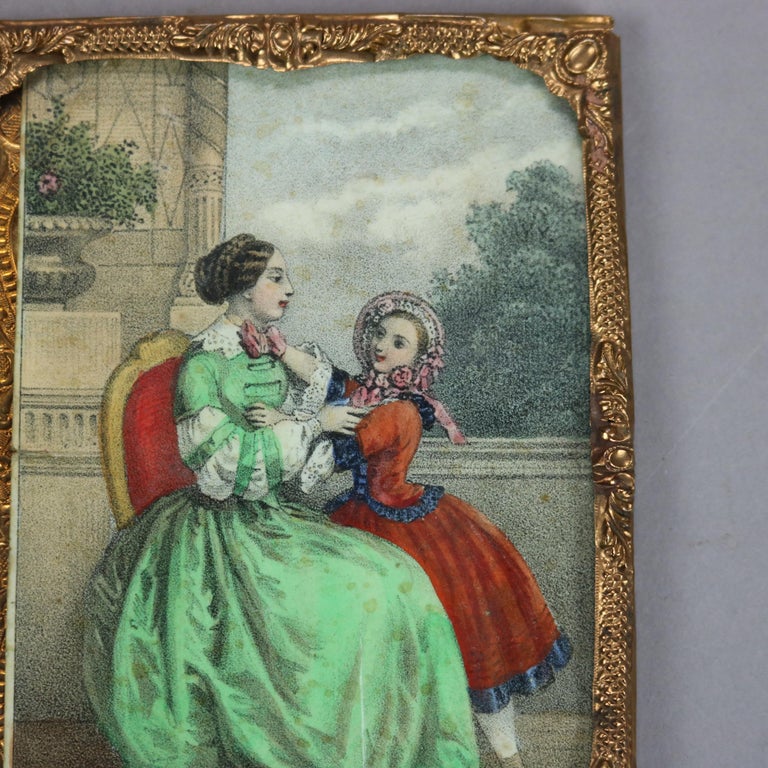 Antique Miniature Print of Woman & Child, Framed, 19thC