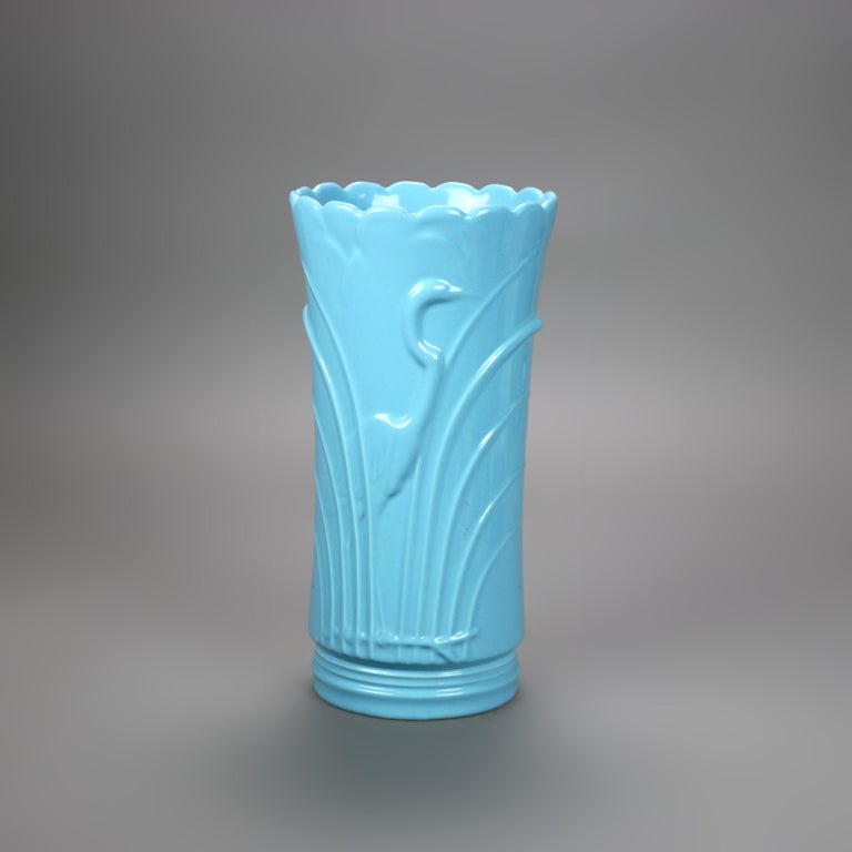 Abingdon Art Pottery Blue Umbrella Stand with Embossed Marsh Scene & Stork C1940