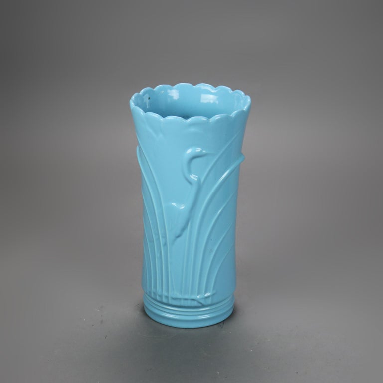 Abingdon Art Pottery Blue Umbrella Stand with Embossed Marsh Scene & Stork C1940