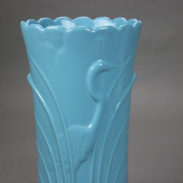 Abingdon Art Pottery Blue Umbrella Stand with Embossed Marsh Scene & Stork C1940