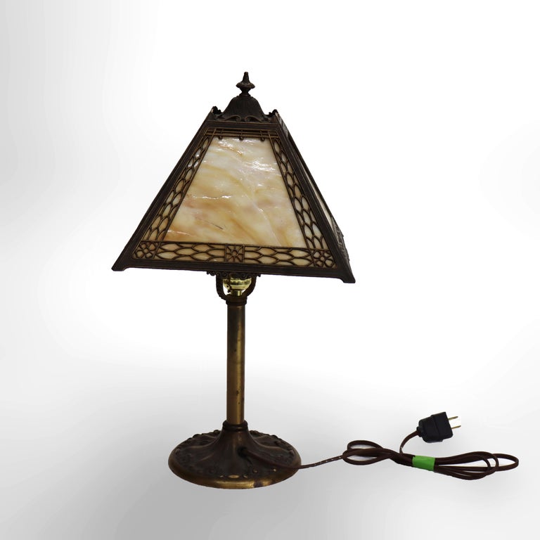 Antique Miller Arts & Crafts Slag Glass Table Lamp Signed C1920