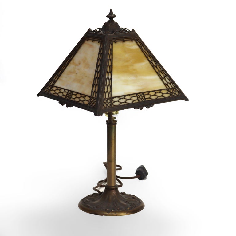 Antique Miller Arts & Crafts Slag Glass Table Lamp Signed C1920