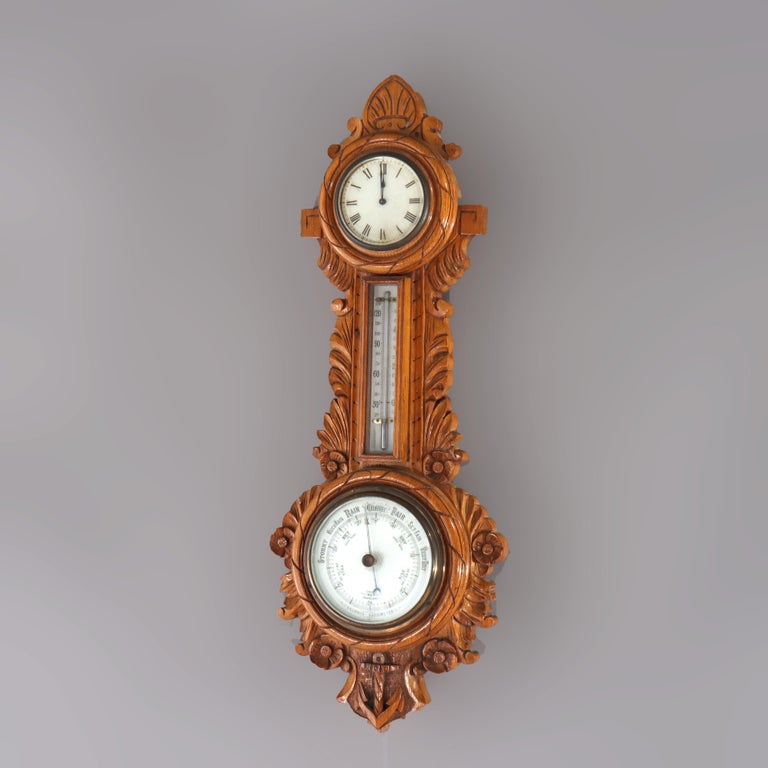 Antique Aneroid Carved Oak Nautical Themed Barometer Clock C1900