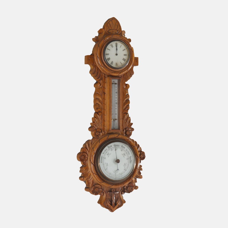Antique Aneroid Carved Oak Nautical Themed Barometer Clock C1900