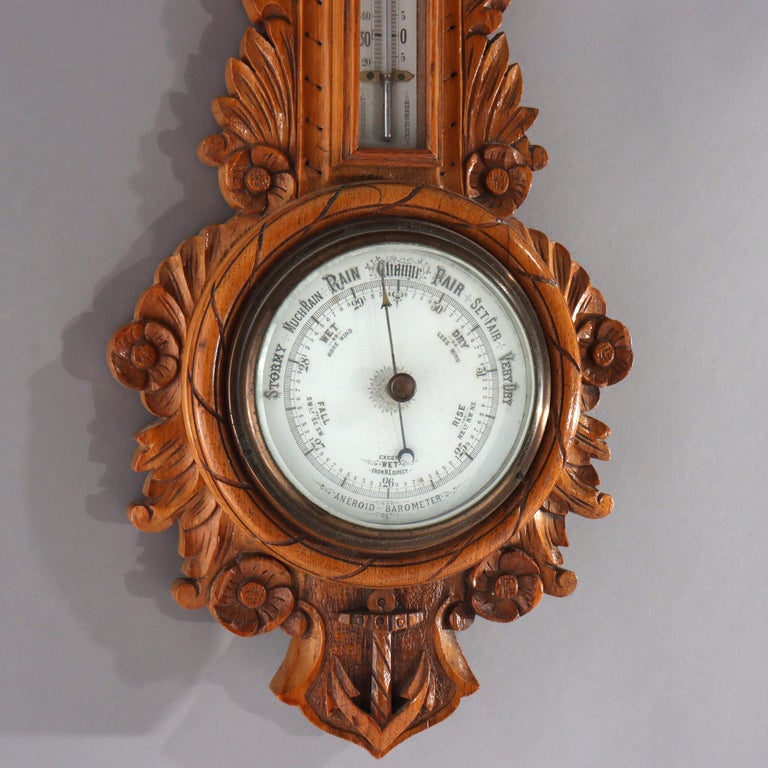 Antique Aneroid Carved Oak Nautical Themed Barometer Clock C1900