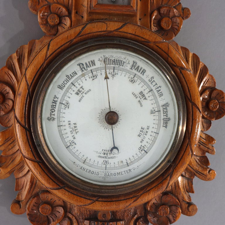 Antique Aneroid Carved Oak Nautical Themed Barometer Clock C1900