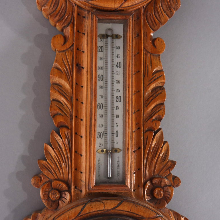 Antique Aneroid Carved Oak Nautical Themed Barometer Clock C1900