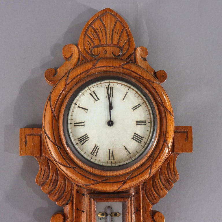 Antique Aneroid Carved Oak Nautical Themed Barometer Clock C1900