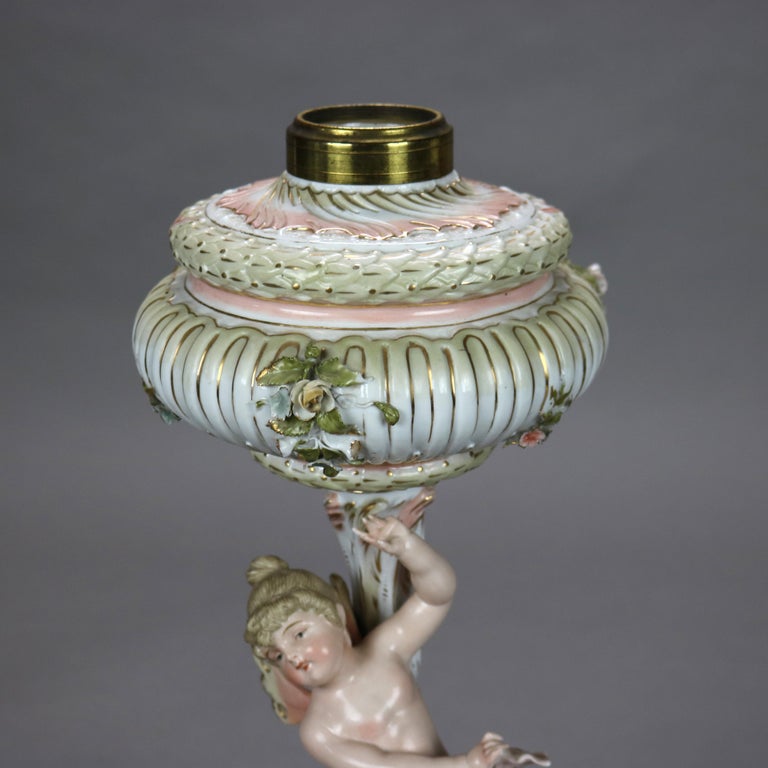 Antique Dresden or Meissen Classical Figural Cherub Porcelain Oil Lamp 19thC