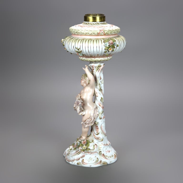 Antique Dresden or Meissen Classical Figural Cherub Porcelain Oil Lamp 19thC