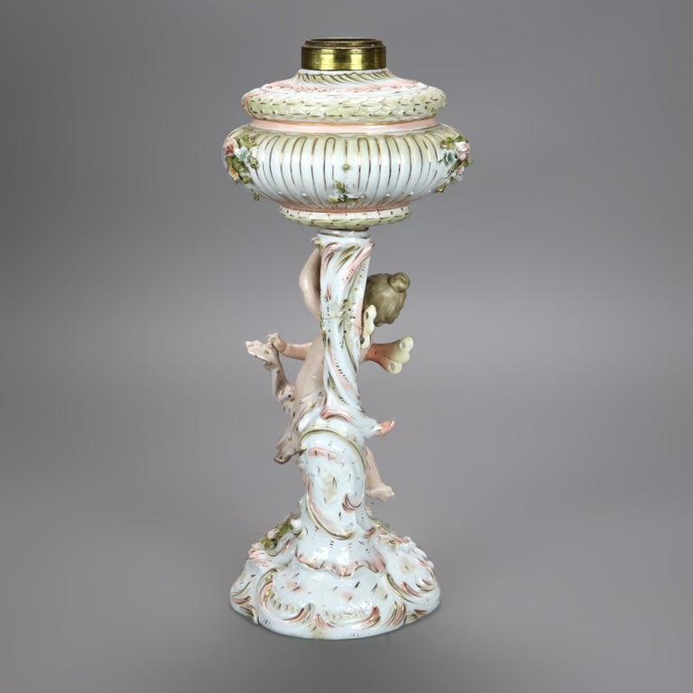 Antique Dresden or Meissen Classical Figural Cherub Porcelain Oil Lamp 19thC