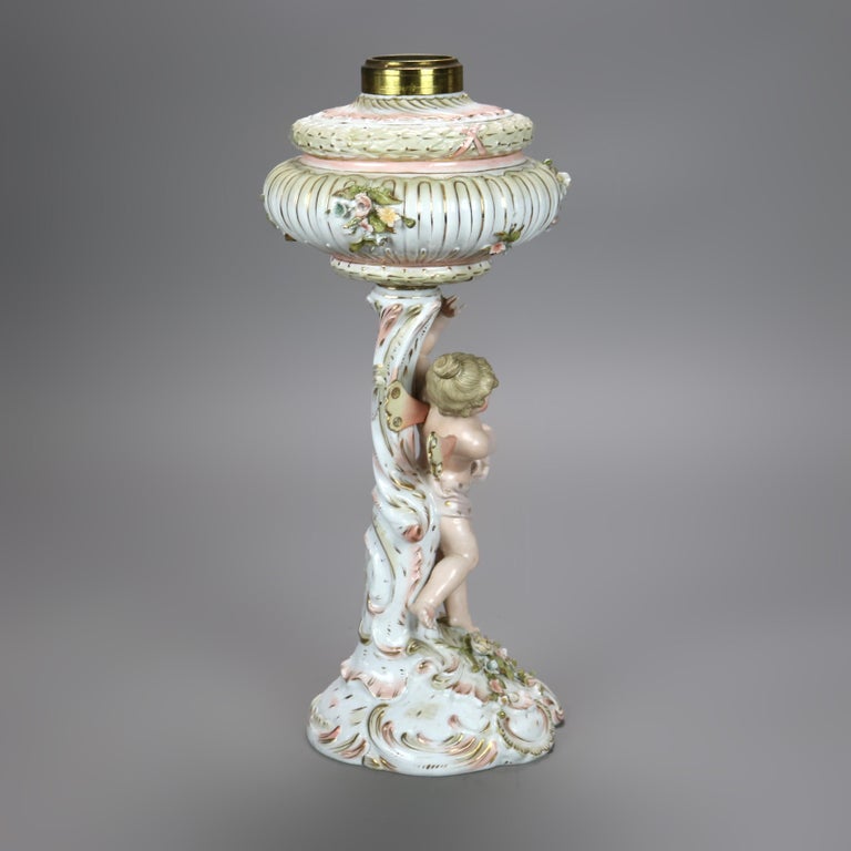 Antique Dresden or Meissen Classical Figural Cherub Porcelain Oil Lamp 19thC