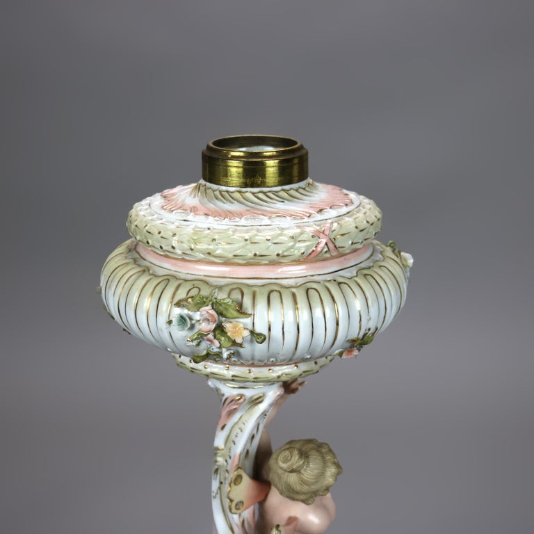 Antique Dresden or Meissen Classical Figural Cherub Porcelain Oil Lamp 19thC