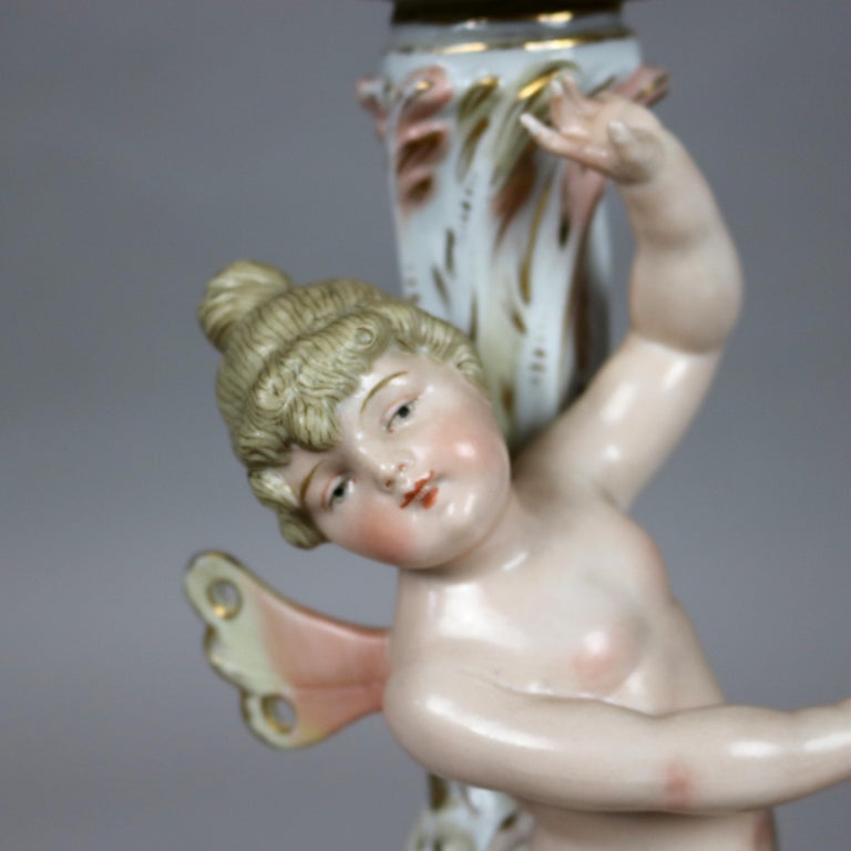 Antique Dresden or Meissen Classical Figural Cherub Porcelain Oil Lamp 19thC