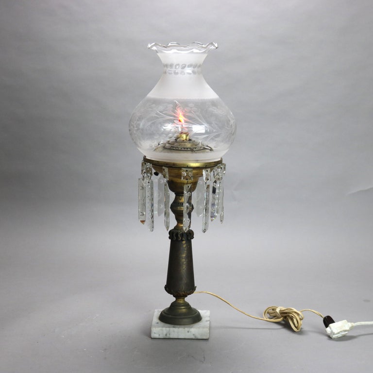 Antique Cornelius School Sinumbra Argand Bronze Crystal & Marble Solar Lamp