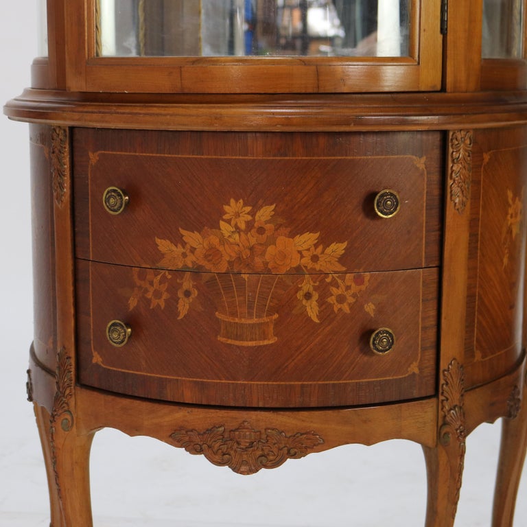 Antique French Louis XV Mahogany & Satinwood Vitrine with Floral Marquetry C1890