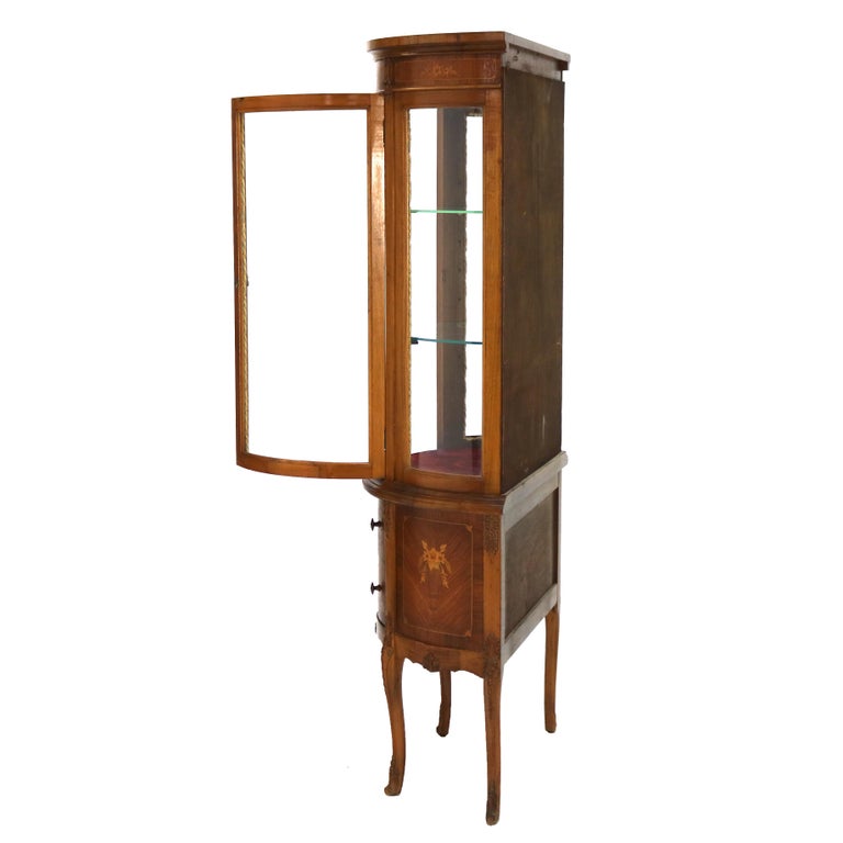 Antique French Louis XV Mahogany & Satinwood Vitrine with Floral Marquetry C1890