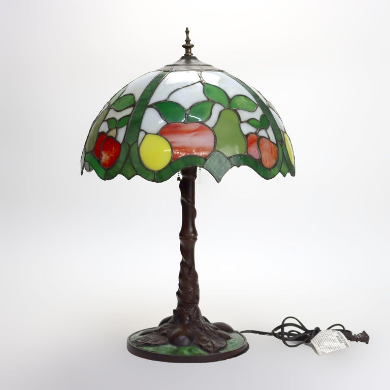 Arts & Crafts Leaded Stained Glass Table Lamp with Fruit Design 20thC