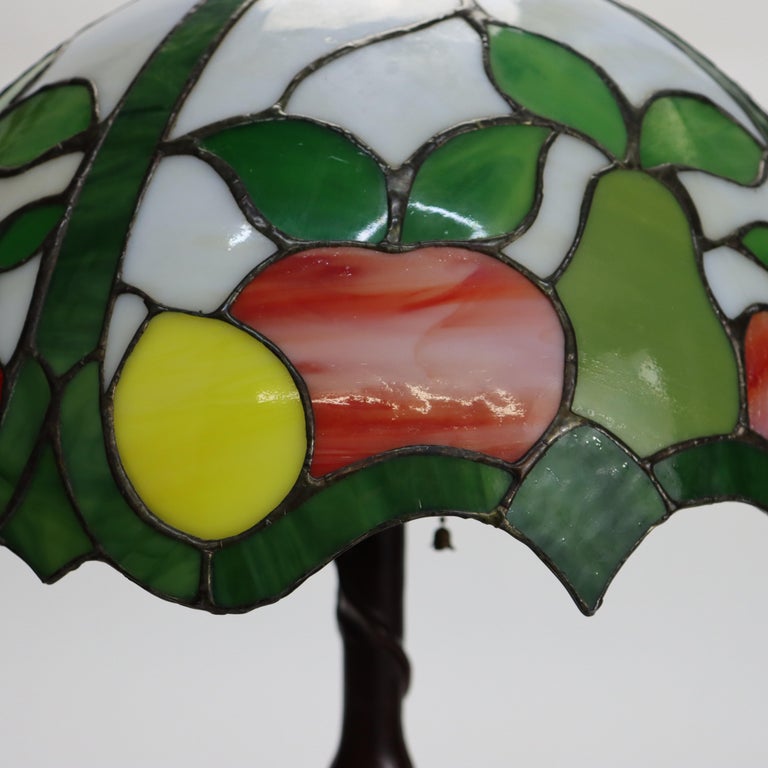 Arts & Crafts Leaded Stained Glass Table Lamp with Fruit Design 20thC