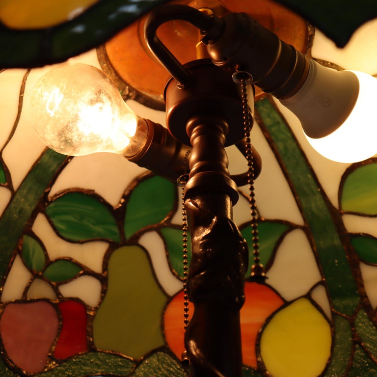 Arts & Crafts Leaded Stained Glass Table Lamp with Fruit Design 20thC
