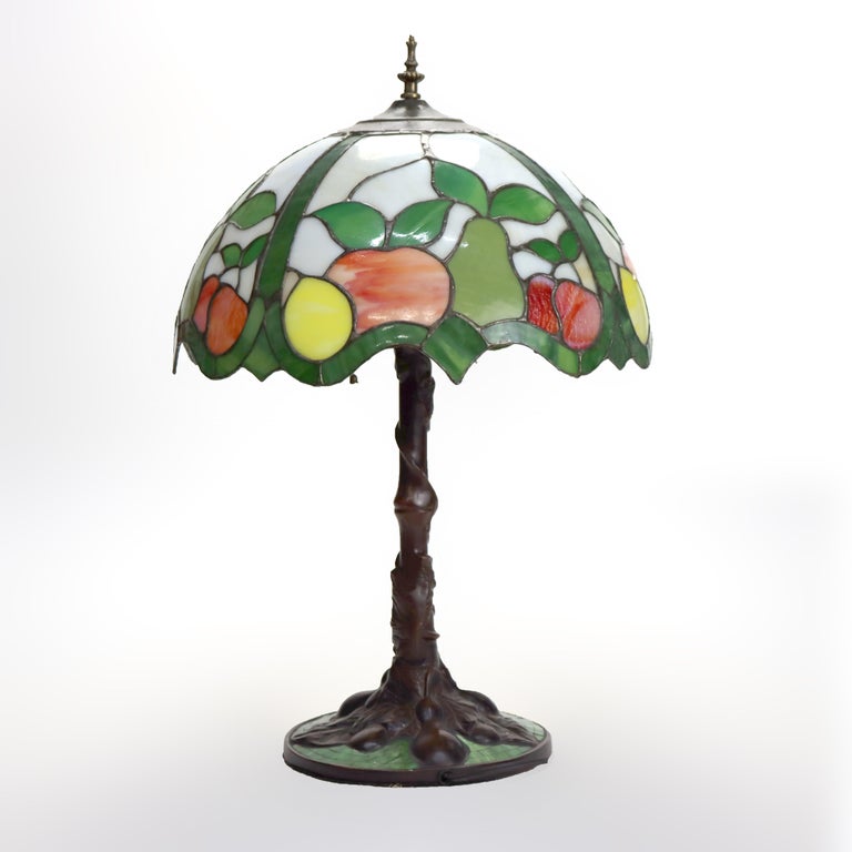 Arts & Crafts Leaded Stained Glass Table Lamp with Fruit Design 20thC