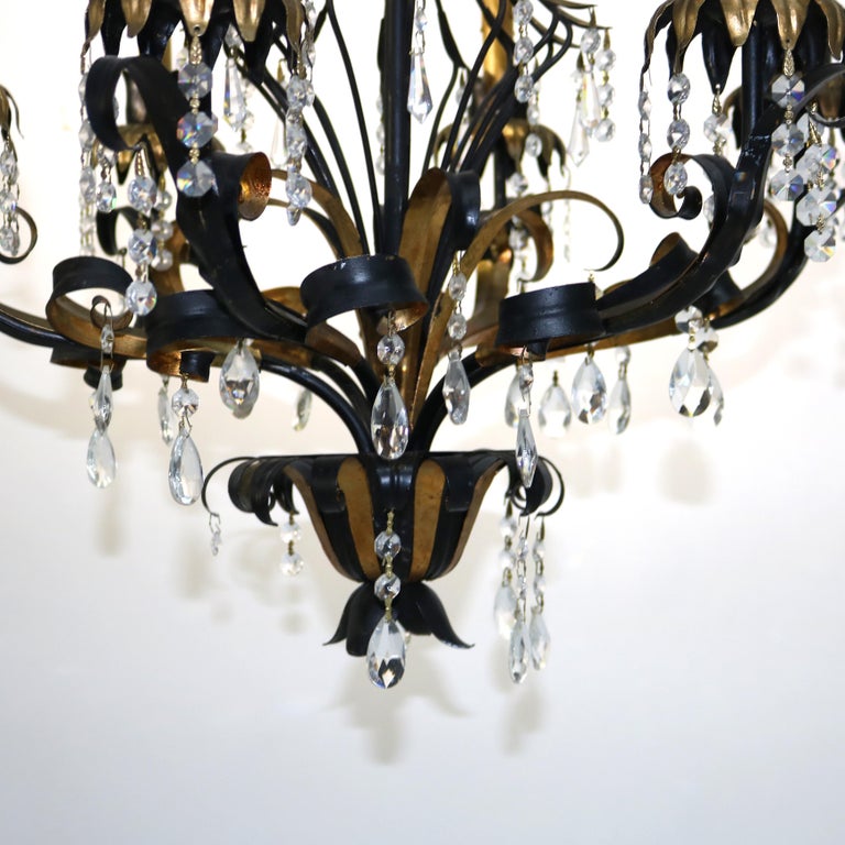 Vintage Ebonized & Gold Gilt Six-Light Foliate Form Crystal Chandelier C1940