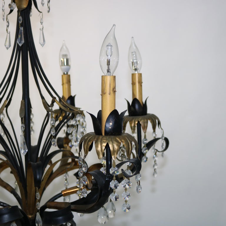 Vintage Ebonized & Gold Gilt Six-Light Foliate Form Crystal Chandelier C1940