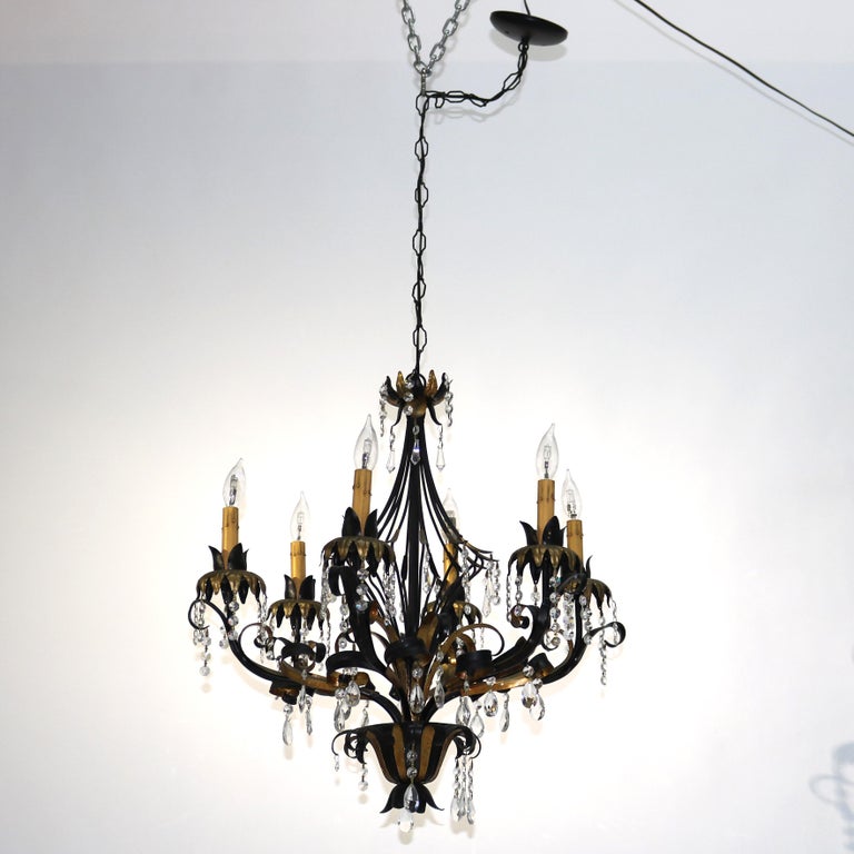 Vintage Ebonized & Gold Gilt Six-Light Foliate Form Crystal Chandelier C1940