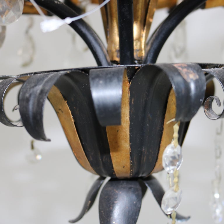 Vintage Ebonized & Gold Gilt Six-Light Foliate Form Crystal Chandelier C1940