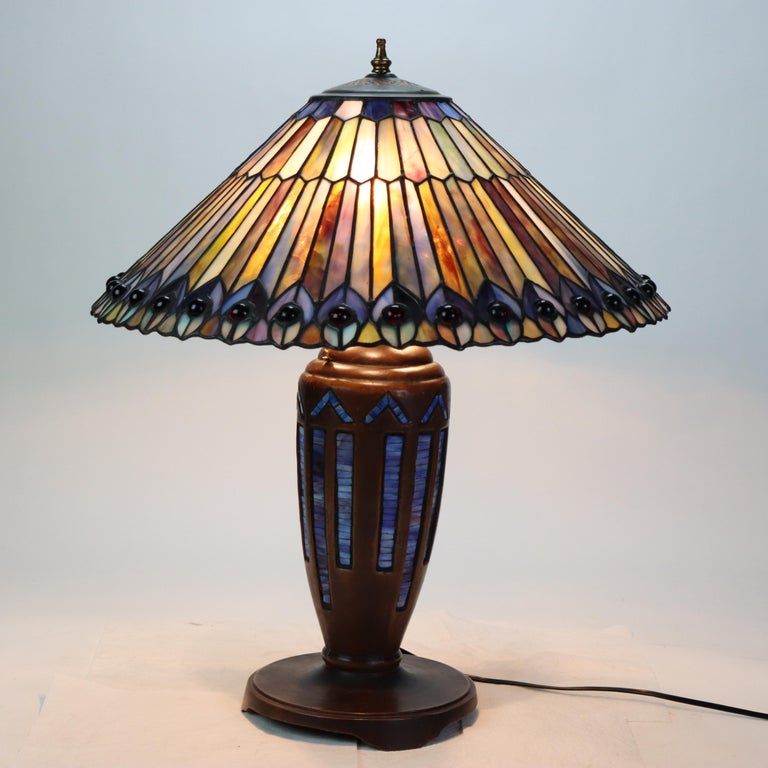 Arts & Crafts Leaded Stained Glass Table Lamp 20thC